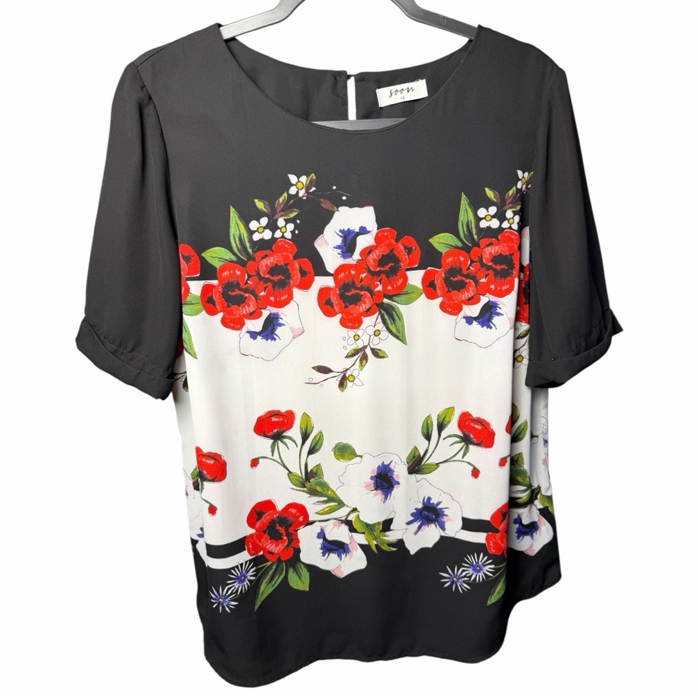 Soon Matalan Floral Contrast Short-Sleeve Blouse- Black/White with Red Floral 14